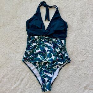 Teal Tropical Leaf Print VNeck Halter Strap Padded Crisscross One Piece Swimsuit